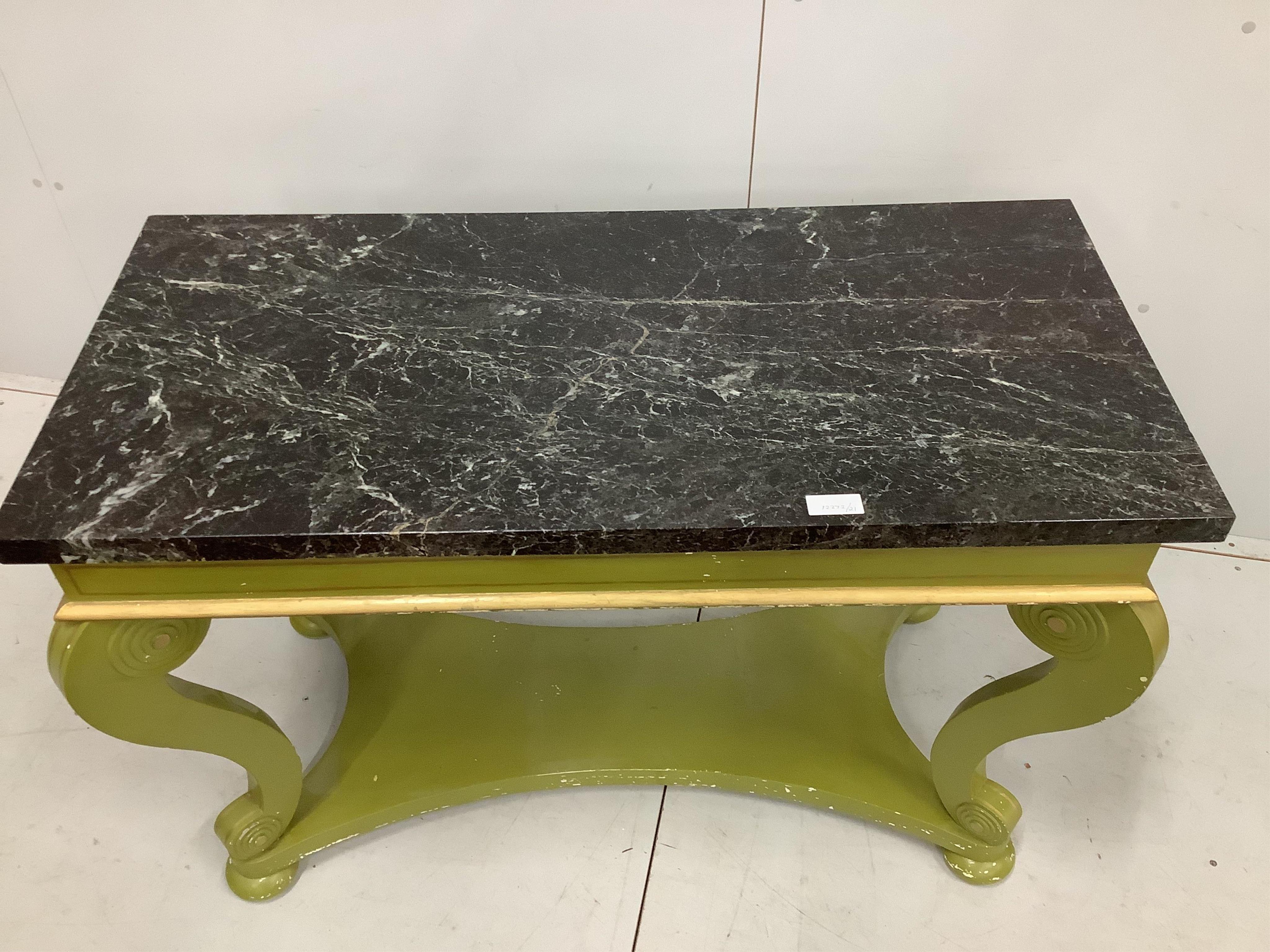 A green painted rectangular marble top centre table, width 113cm, depth 53cm, height 75cm. Condition - fair